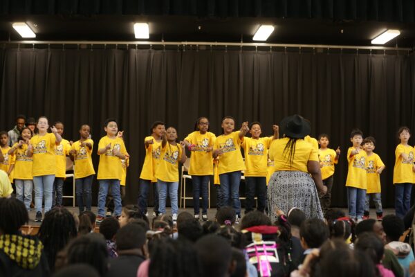 Students in Mrs. Fowler’s third grade class at Eagle View Elementary School performed their original song, “We Are One,” for Chapel Hart in Nashville, TN on Thursday, March 30 in celebration of Music In Our Schools Month.  Photo Credit: Kayla Schoen/CMA 