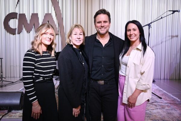 (L-R) Kate Watson (CMA Senior Manager, Industry Relations), Sarah Trahern (CMA CEO), Charles Esten and Stephanie Shank (CMA Senior Manager, Production and Talent Relations) during Esten’s visit to CMA HQ in Nashville on Wednesday, Feb. 14. Photo Credit: Zach Whitmore/CMA 
