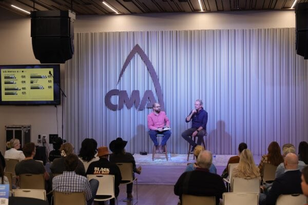 (L-R) Michael Farris (CMA Senior Director, Business Strategy and Insights) and John Murphy (Luminate Vice President, Music Publishing and Financial Solutions) lead a discussion during a MemberSIPS event focused on Country Music consumption on Tuesday, March 12 at CMA HQ in Nashville.   Photo Credit: Emily April Allen/CMA 
