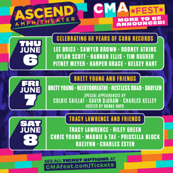 CMA reveals its lineup for Ascend Amphitheater’s three nights of programming at this year’s CMA Fest taking place at the open-air venue in downtown Nashville Thursday through Saturday, June 6 – 8.