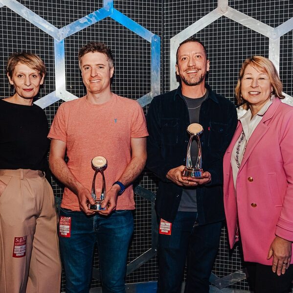 CMA CEO Sarah Trahern presents International Awards to Baylen Leonard and Ricky Marshall before the CMA Songwriters Series show that opens the 2022 C2C Festival in London on Thursday, March 10, 2022 featuring performances by Shy Carter, Luke Dick, Russell Dickerson, Caitlyn Smith, Priscilla Block, Tiera Kennedy and Morgan Wade.