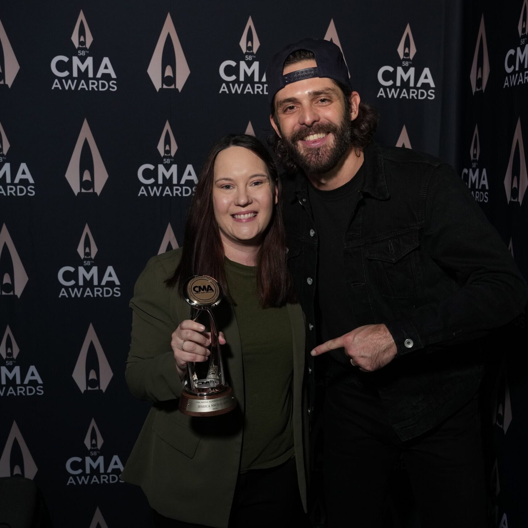 58th Annual CMA Awards Thomas Rhett presents Jessica Nicholson with the Media Achievment Award during rehearsals for “The 58th Annual CMA Awards” live from Bridgestone Arena Wednesday, November 20, 2024 on ABC. (Photo by Josh Brasted/CMA)